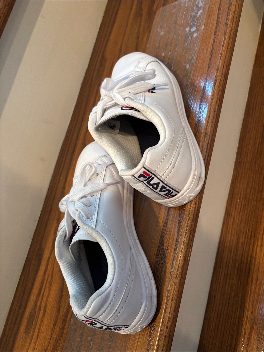 FILA White Low-Top Leather Sneakers with Navy & Red Logo